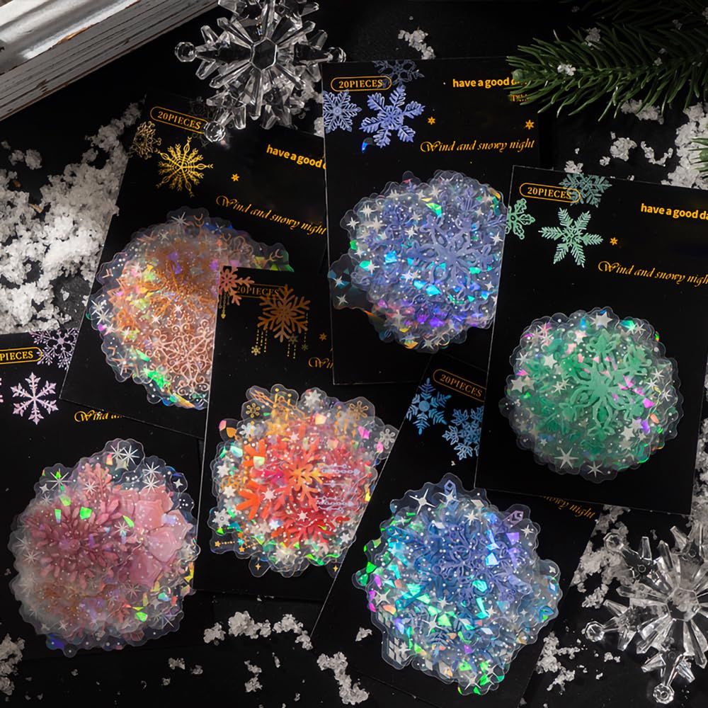 Yoksas 120 Pieces Fantasy Snowflake Stickers - Transparent, Waterproof, Holographic Christmas Decorations Winter Stickers for Junk Journals, Scrapbooking, Gift Wrapping