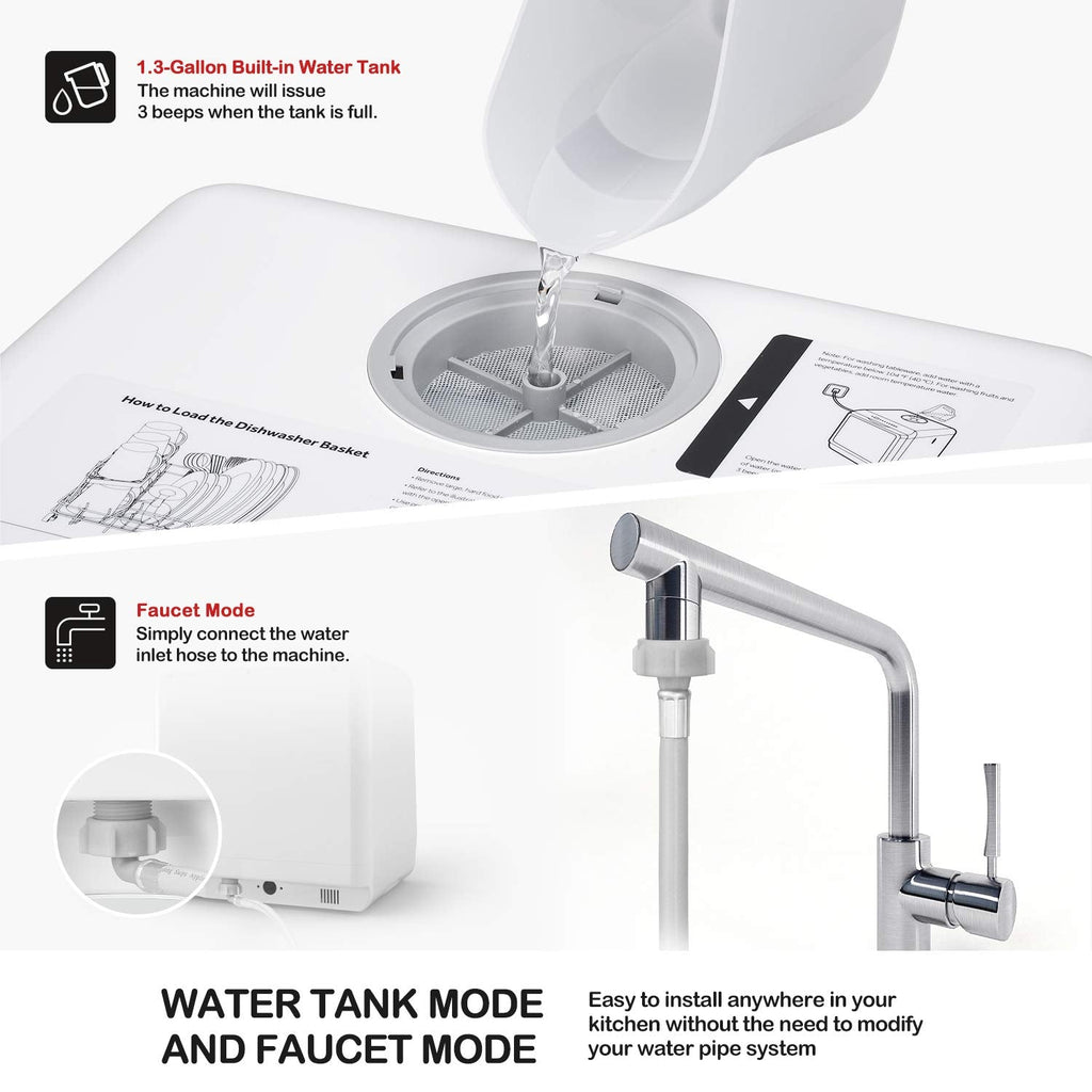 NOVETE Portable Countertop Dishwashers, Compact Dishwashers with 5L Built-in Water Tank & Inlet Hose, 5 Washing Programs, Baby Care, Air-Dry Function and LED Light for Small Apartments