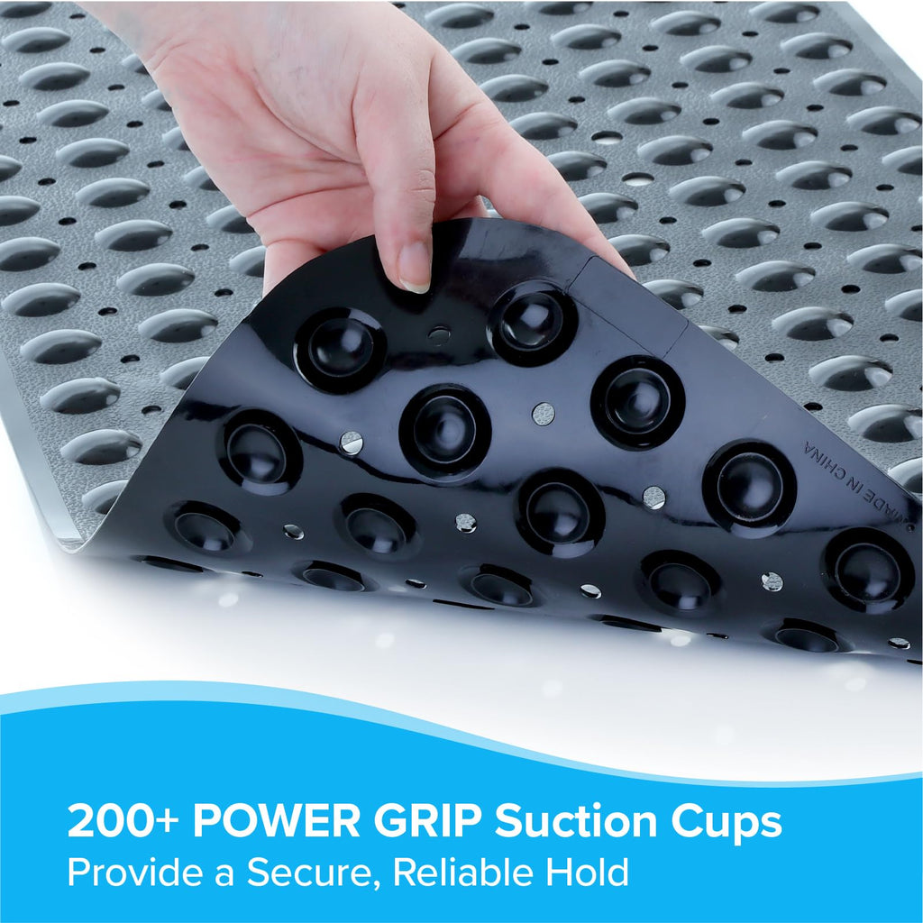 SlipX Solutions Power Grip Extra Long Bath Tub & Shower Mat 39x16, Wet Floor Non-Slip for Elderly & Kids Bathroom, 30% Longer Bathtub Mats, 200 Suction Cups, Drain Holes (1, Black)