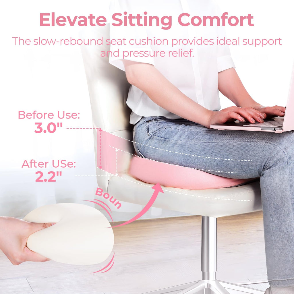 AMOOS Stylish Pink Seat Cushion, Ergonomic Wider Office Chair Cushion Enhances Posture with Lasting Support for Sciatica & Hip Pain Relief, Memory Foam Cushion for Office & Home Chair, Car Seat