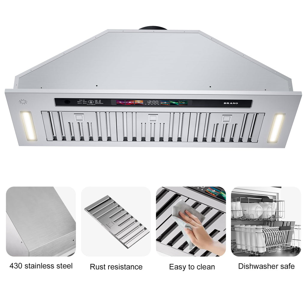 BRANO Range Hood Insert 36 Inch, 900 CFM Smart Voice/Gesture/Touch Control, 4 Speed Exhaust Fan, Stainless Steel Kitchen Hood with Charcoal Filter, Ducted/Ductless Convertible