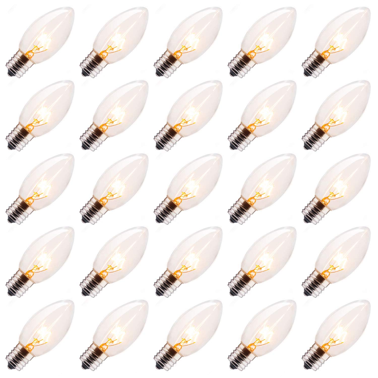 25 Pack 7W Clear Incandescent E17 Bulbs for Christmas String Lights - C9 Replacement Bulbs