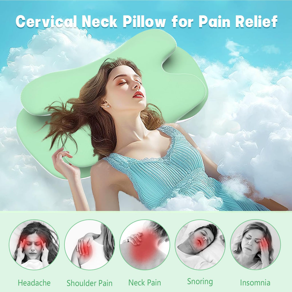 Cervical Pillow for Neck Pain Relief, Ergonomic Pillow for Side Sleeping, Orthopedic Pillow for Back & Stomach Sleepers, Cooling Memory Foam Neck Pillows for Shoulder Pain for Deep Sleep (Green)