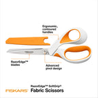 Fiskars RazorEdge Fabric Scissors, Heavy Duty Fabric Shears, Ultra-Sharp Stainless Steel Blades & SoftGrip Ergonomic Handle, 8”, White/Orange