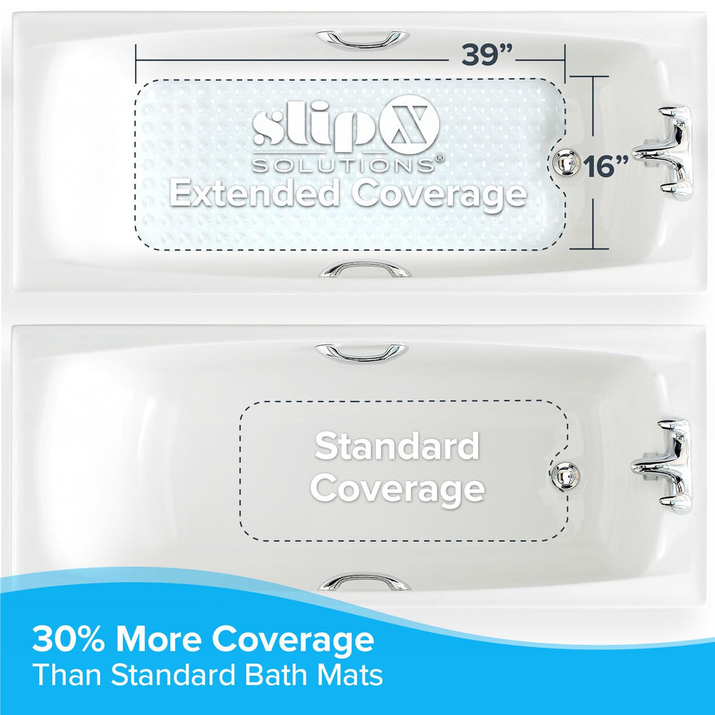 SlipX Solutions Power Grip Extra Long Bath Tub & Shower Mat 39x16, Wet Floor Non-Slip for Elderly & Kids Bathroom, 30% Longer Bathtub Mats, 200 Suction Cups, Drain Holes (1, Clear)