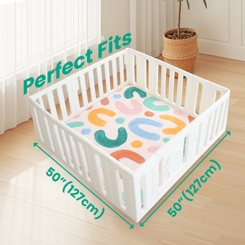 Baby Play Mat for Floor,1.3" Thick Cushioned Playpen Mat 50"x50",Extra Soft Elasti-Foam,Water Repellent Coral Velvet,Non-Slip for Crawling&Tummy Time,Infant Toddler Kids Nursery Rug(Doodle)