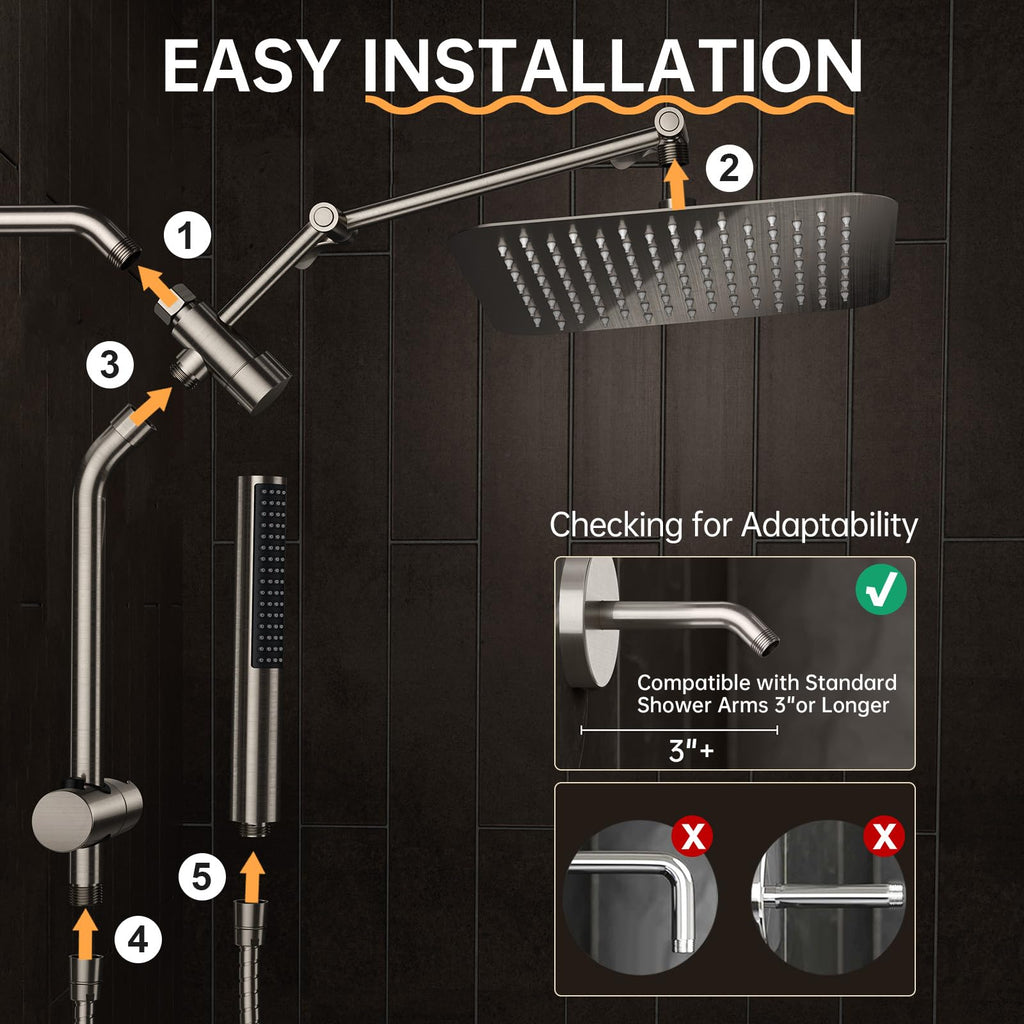 Veken All Metal 10" Brushed Nickel Shower Head with Handheld, Luxurious Square Double Rain Shower Heads with Power-wash Hand Held, Dual High Pressure Detachable Rainfall Showerhead,Bathroom Upgrade