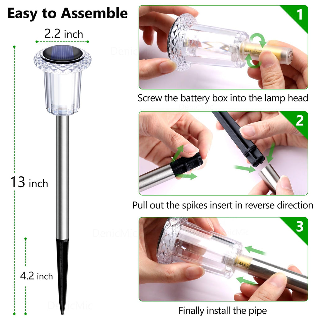DenicMic Solar Lights Outdoor 10 Pack Waterproof 6000K Cold White LED Stainless Steel Stake for Pathway Yard Garden Driveway Solar Powered Outside Christmas Decor