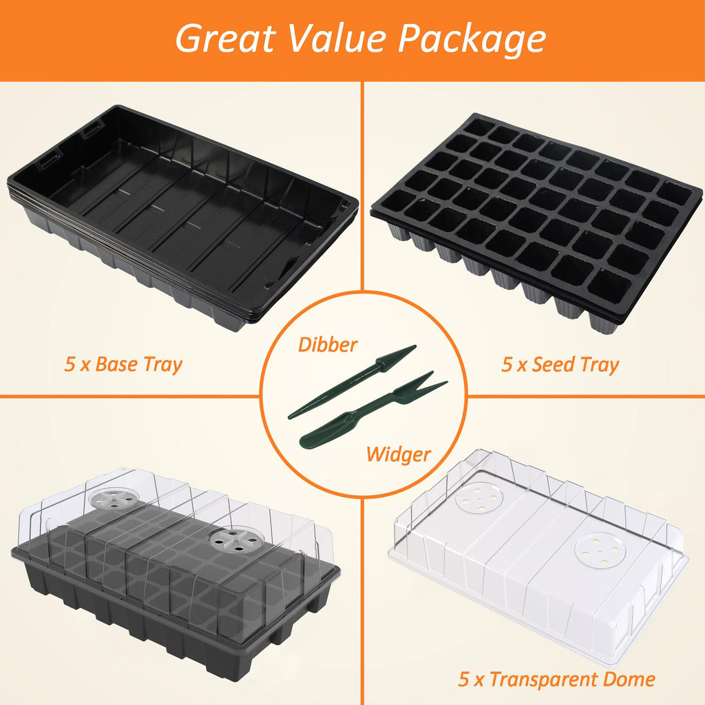 Gardzen 5-Set Seed Starter Tray Kits, Plant Germination Trays, Seed Starting Trays with Dome and Base (40-Cell Per Tray)