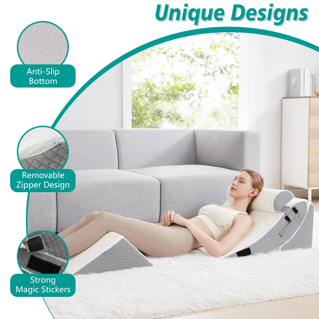 Longering 4PCS Orthopedic Bed Wedge Pillow Set for Post Surgery - Adjustable Wedge Pillow for Neck Back and Leg Pain Relief - Triangle Pillow Wedge for Acid Reflux & Sleeping & GERD (White Grey)