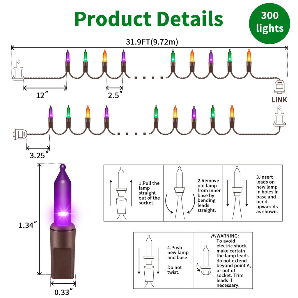 LAMPHOME Super-Bright Extendable Orange Purple and Green Christmas Lights Decoration 150Lights 31.9ft UL Certified Mini Bulb String Lights Set for Outdoor Halloween Christmas Tree Garden Holiday Decor