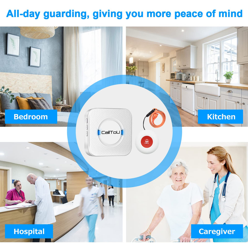 CallToU Elderly Monitoring Call Button Wireless Caregiver Pager Smart Senior System with Light Personal Buzzer Alarm 2 Portable Transmitters 1 Plugin Receiver