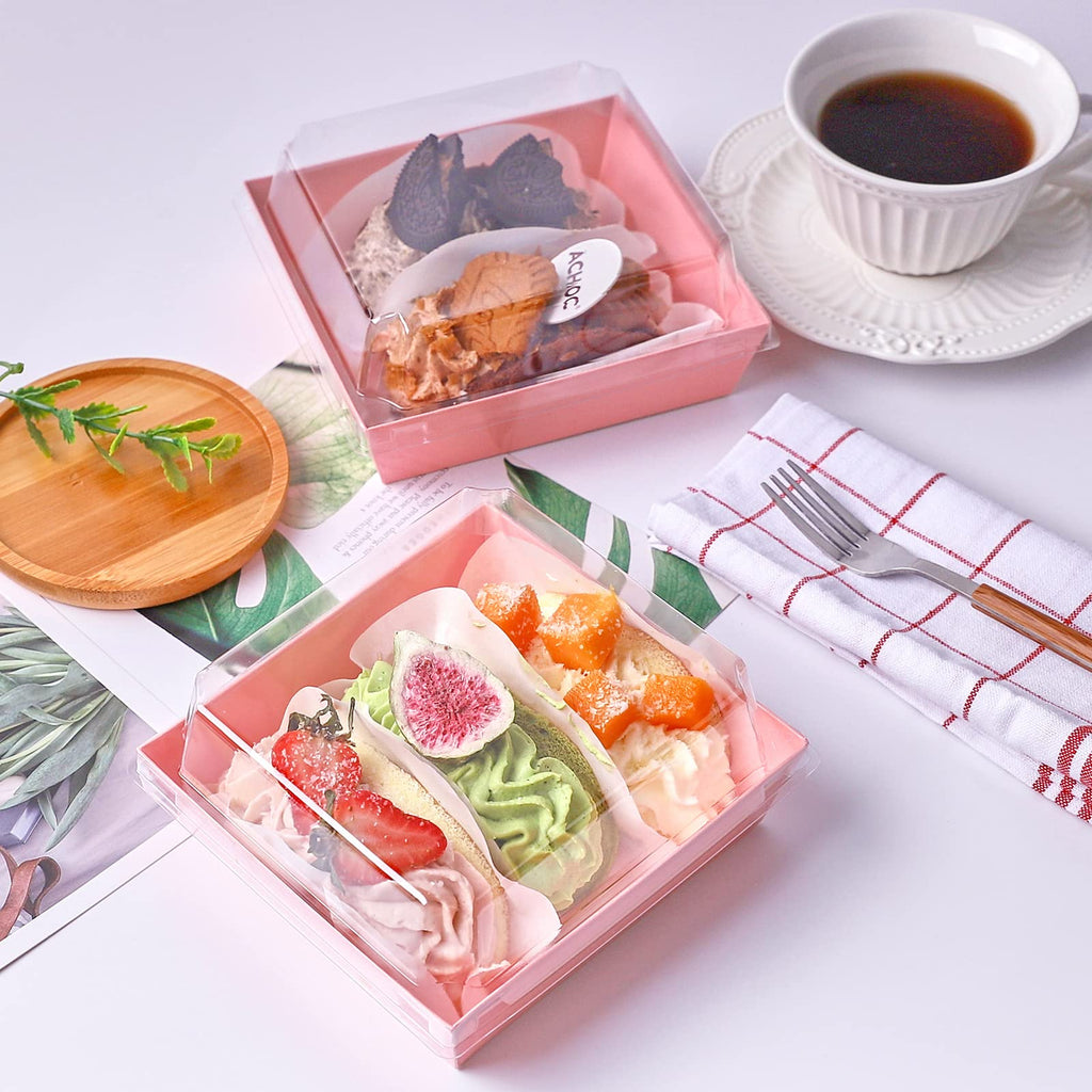 Ocmoiy Small Charcuterie Boxes with Clear Lids, To Go Paper Disposable Food Containers, 5 Inches Bakery Dessert Boxes for Sandwich, Cookie, Pastry, Cake Slice (Pink, 50ct)