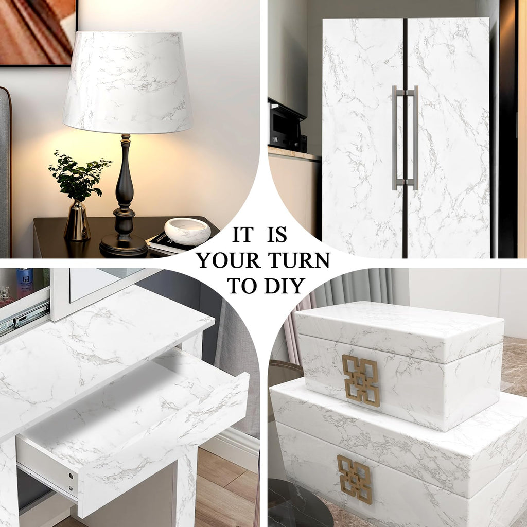Glossy Marble Contact Paper Granite White/Grey Kitchen Countertop Cabinets Furniture Refurbishment Wall Paper Thick Removable Wallpaper Peel and Stick Wall Decor Vinyl Wrap 11.8"x78.7"