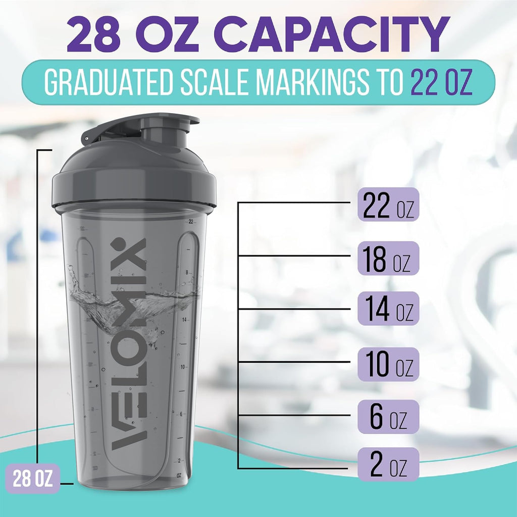 VELOMIX -2 Pack- 28 oz Protein Shaker Bottles for Protein Mixes - 2x Wire Whisk | Leak Proof Shaker Cups for Protein Shakes | Protein Shaker Bottle Pack | Shakers for Protein Shakes-Gray&White