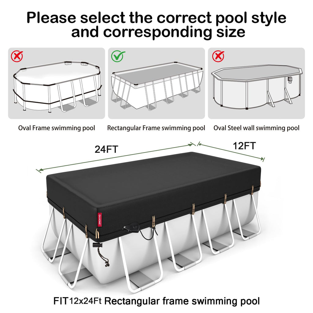 QH.HOME 12x24ft Rectangular Pool Cover,[Ultimate Windproof & Tear-Resistant Fabric],Snug Fit with Patented Ratchet & Weight Rings,Solar Pool Cover for Above Ground Pools, Blocks Leaves &Waterproof