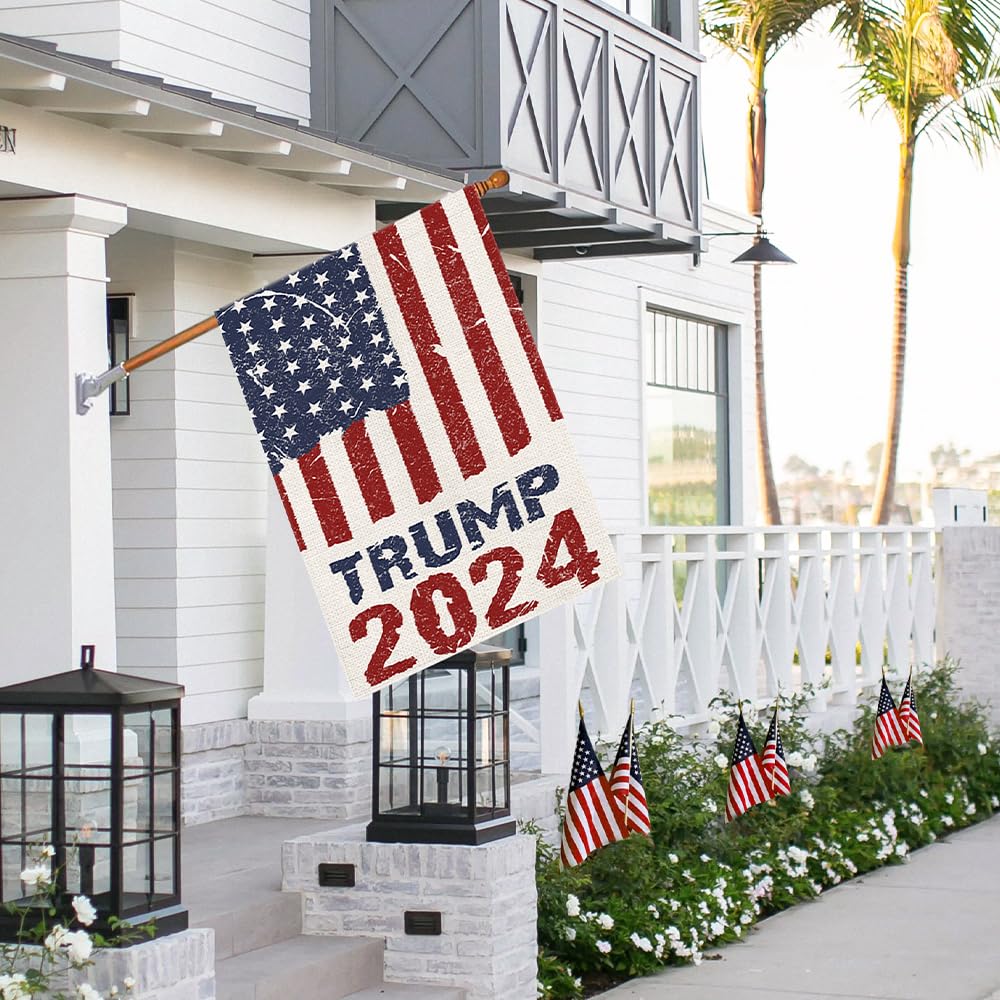 2024 Donald Trump House Flags for Outside 28x40 Double Sided Burlap, Retro style American President Election Yard Lawn Outdoor Decoration Banner Sign Flag DF551-28