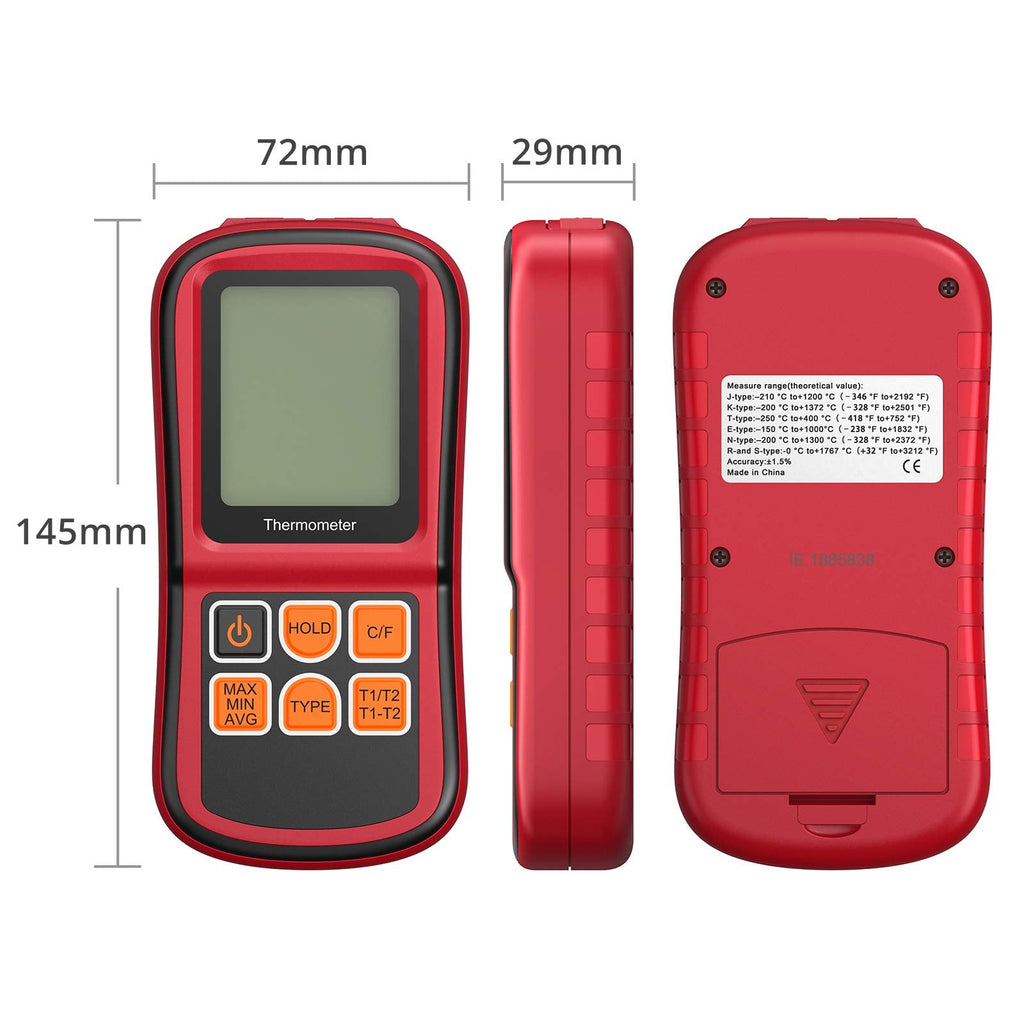 Kamtop Digital Thermometer, Dual Channel Thermometer with Two K Type Thermocouple Probes, High Temperature Meter Dual Measurement Meter Sensor Backlight LCD Thermometer for K/J/T/E/R/S/N Type