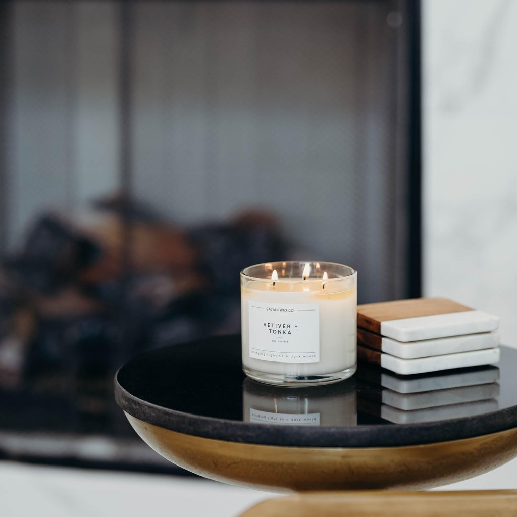 Calyan Wax Soy Wax Candle, Vetiver & Tonka, 3 Wick Scented Candle for The Home | Premium Candle with Essential Oils | 14.9 oz Soy Wax, 43 Hour Burn Time, Large Candle in Glass Jar