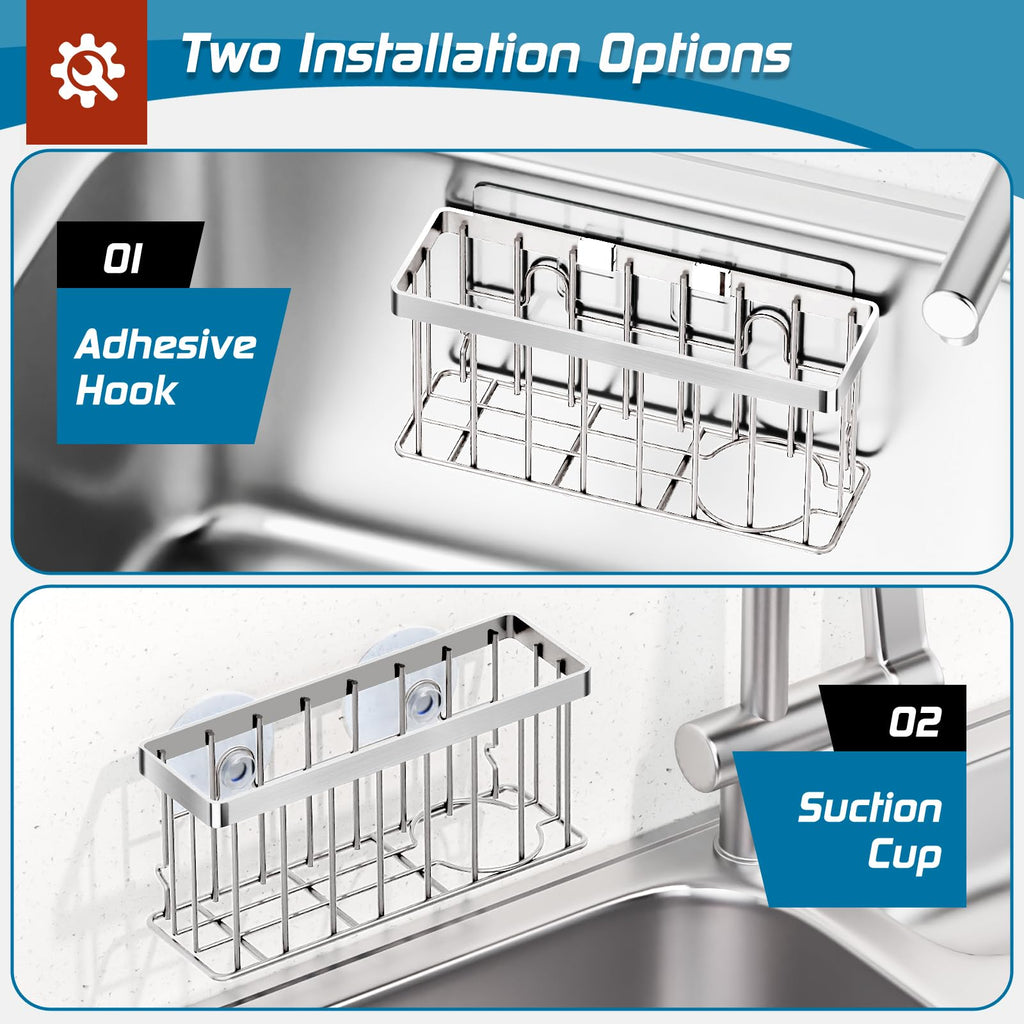 MURLONG Sponge Holder for Kitchen Sink,Sink Caddy Organizer with Suction Cups/Adhesive Strips,Dish Sponge Holder Design for Sponges,Scrubber,Stoppers-Silver