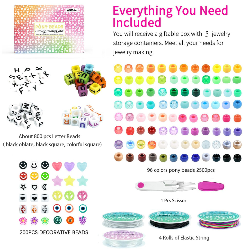 5 Boxes Bracelet Making Kit Pony Beads, 96 Colors 6x9mm 3500Pcs Kandi Rave Beads for Bracelets Friendship Plastic Bead with 800Pcs Letter Bead Arts and Crafts for Kids Adults Keychain Jewelry Making