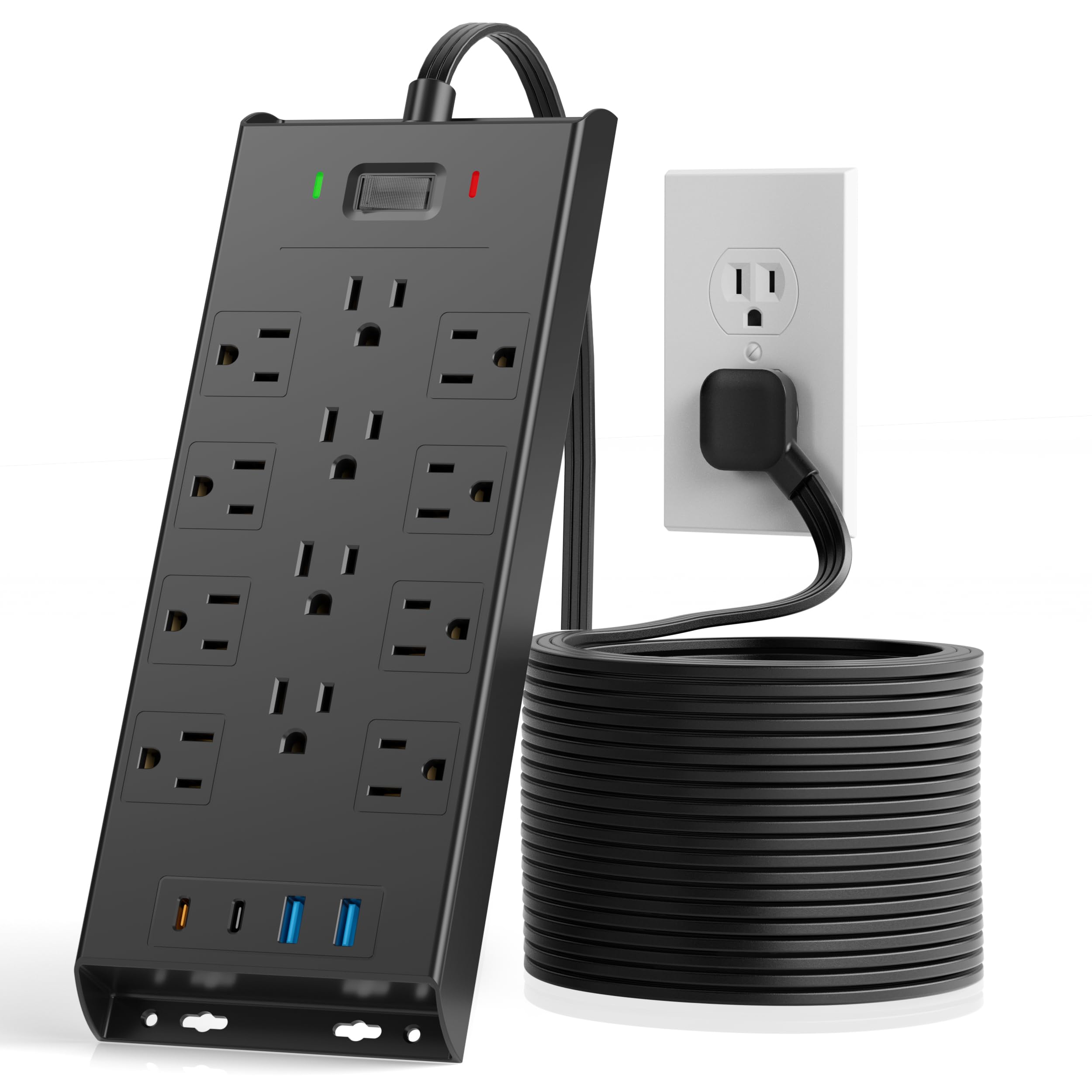 Surge Protector Power Strip 4800J, 10Ft Long Extension Cord Flat Plug, 12 Outlets 2 USB C 2 USB Ports, Wall Mountable, Desk Charging Station, Black