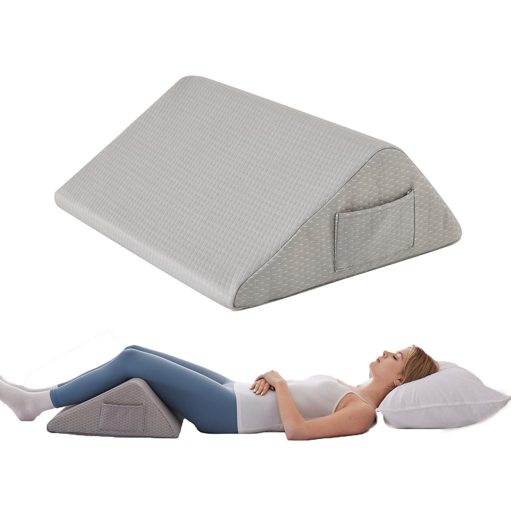 Bedluxe Knee Wedge Pillow, Memory Foam Leg Pillow Knee Pillow for Back Sleeping, Wedge Pillow for Legs Post Surgery, Triangle Pillow for Knee Support, Leg Elevation, Knee Hip Back Pain Relief, Grey