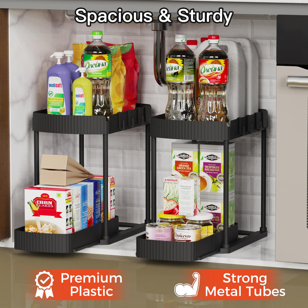Multi-Purpose Pull-Out Storage Organizers, Under Sink/Cabinet Organizers and Storage for Bathroom & Kitchen, Black, 12.8 Inches, 2 Packs