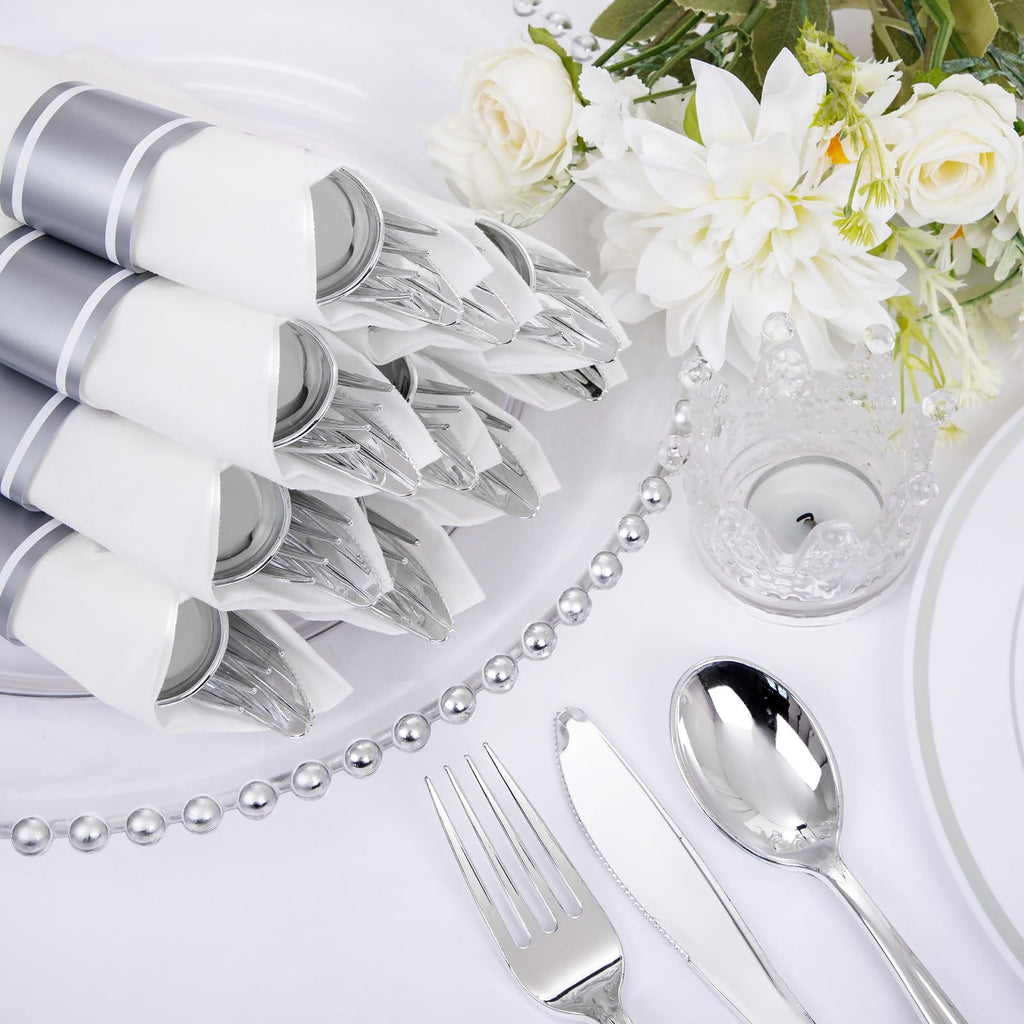 Supernal 30 Pack Silver Plastic Silverware,Rolled Plastic Silverware,Pre Rolled Napkins with Plastic Cutlery Set,Wrapped Plastic Cutlery Set with Napkin,Silver Plastic Forks,Disposable Dinnerware Set