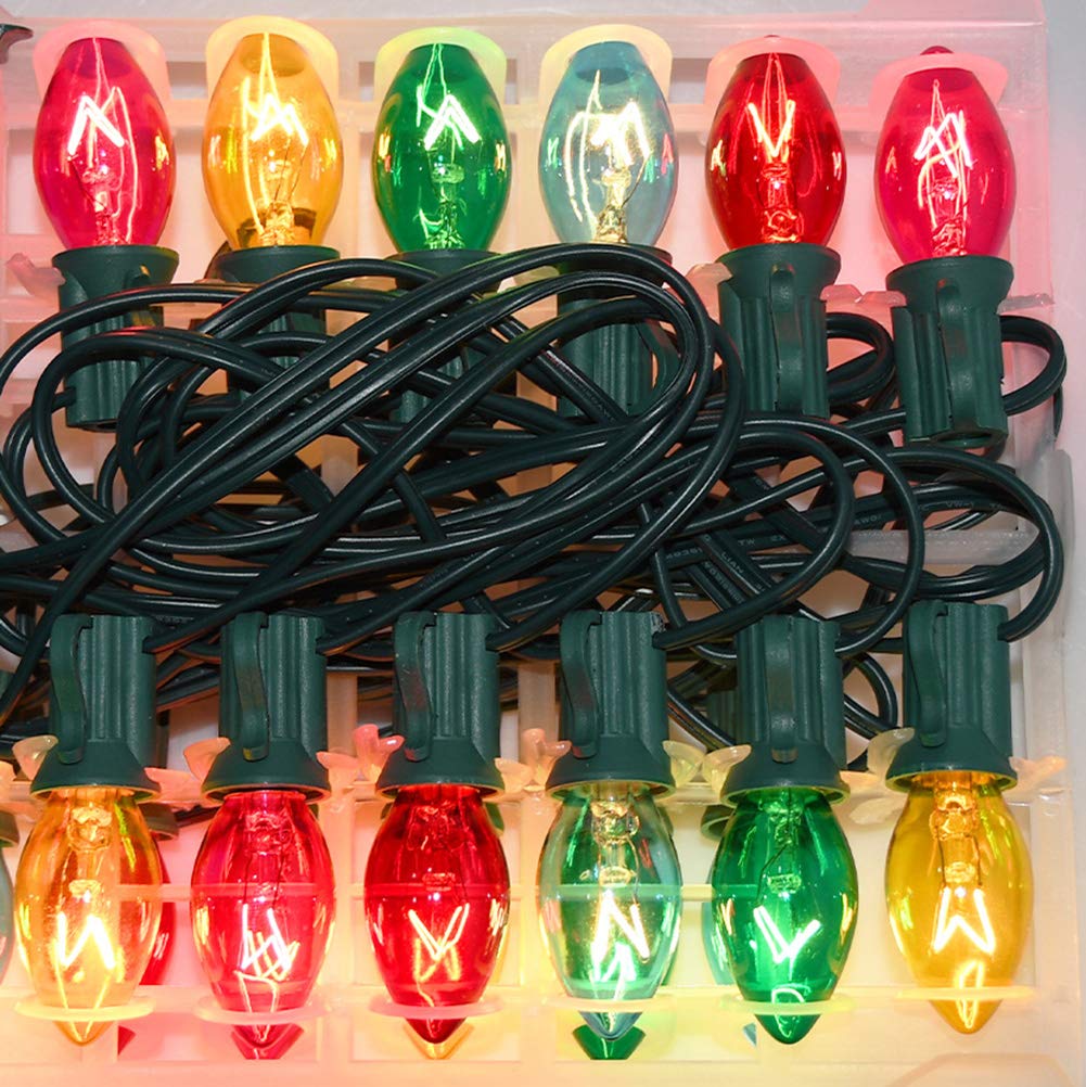 Romasaty 25 Pack C7 Multi-Color Christmas Replacement Bulbs C7 Clear Outdoor String Light Replacement Bulbs, C7/E12 Candelabra Base, 5 Watt