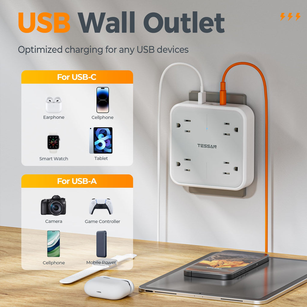 TESSAN Multi Plug Outlet Extender, Outlet Splitter with 3 USB (1 USB C Port) Wall Charger, Multiple Outlet Wall Plug, USB Outlet for Home, Bathroom, Office, Dorm Room Essentials, Gray