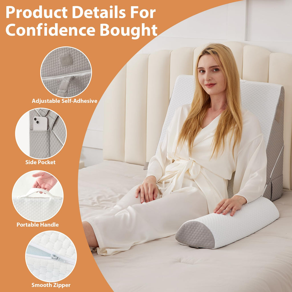 BIEEZZK Orthopedic Bed Wedge Pillow Set 4Pcs, Adjustable Memory Foam Wedge Pillow, Pillow Wedges for Post Surgery, Back Pain Relief, Triangle Pillows for Acid Reflux, Snoring, GERD, White/Grey