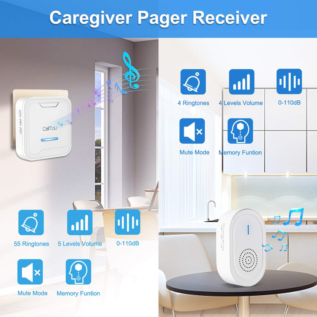 CallToU Wireless Caregiver Pager Call Button Medical Nurse Alert System Alarm and Panic Button at Home/Patients/Disabled,2 Emergency Buttons(1 SOS Watches+1 Button) + 2 Receivers