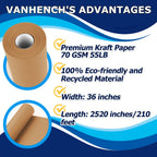 Vanhench 36"x 2520" (210') Brown Paper Roll for Bulletin Board Paper Craft Kraft Gift Wrapping Crafting Art Bouquet Flower Poster Shipping Packing Table Covering Moving Supplies, 70GSM 50LB