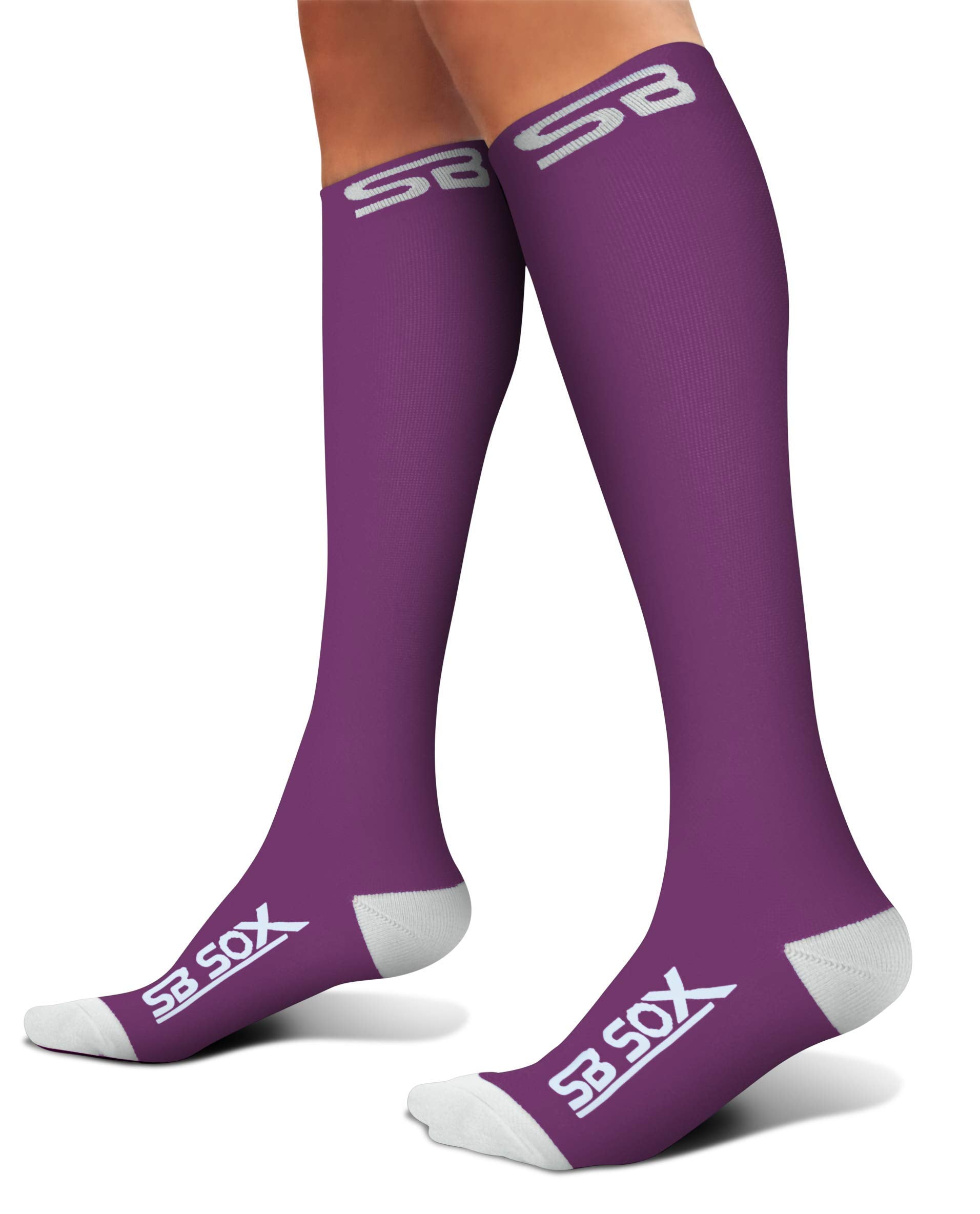 SB SOX Compression Socks (20-30mmHg) for Men & Women – Best Compression Socks for All Day Wear, Better Blood Flow, Swelling! (Large, Purple/White)