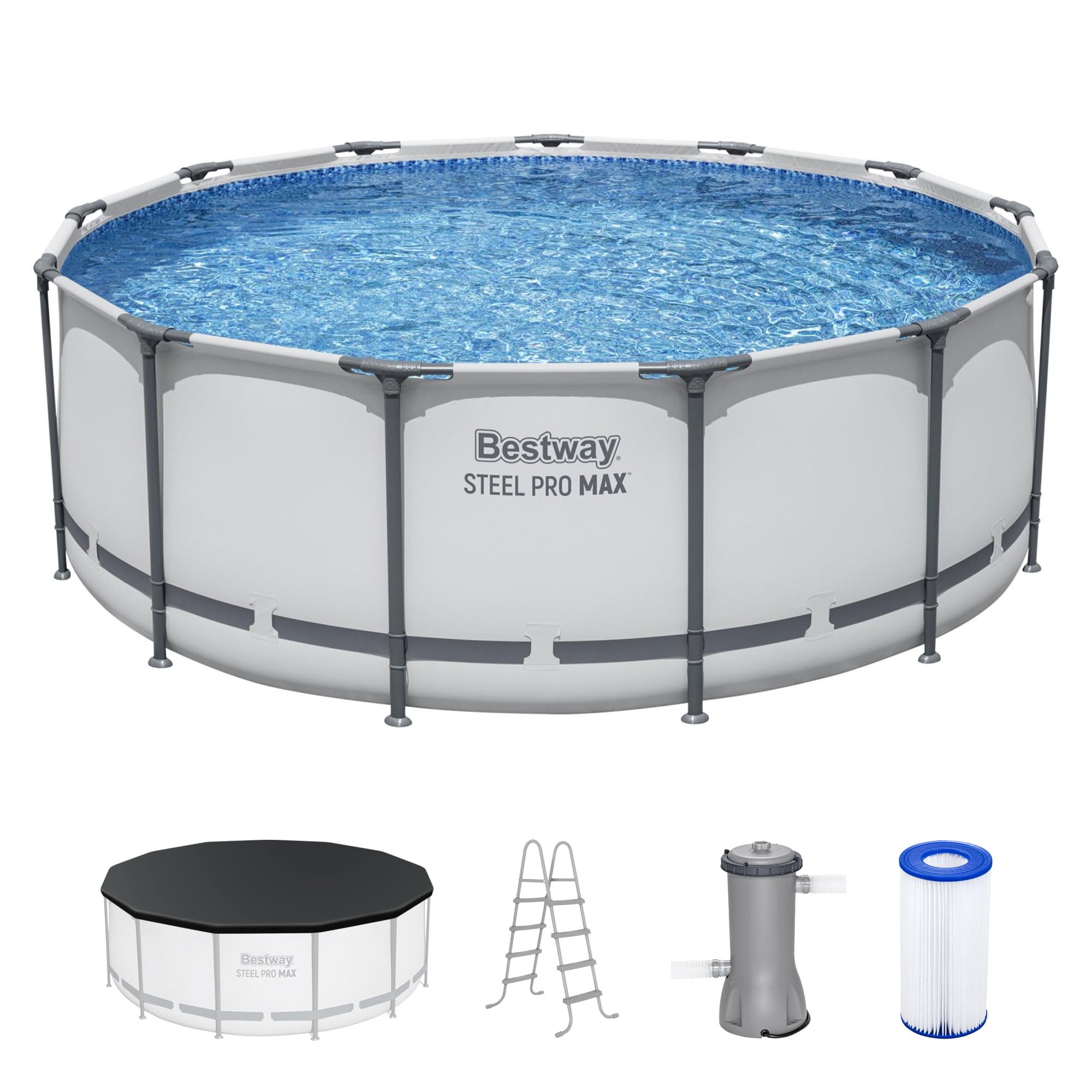 Bestway Steel Pro MAX 13' x 48" Above Ground Pool, Round Metal Frame Outdoor Swimming Pool Set with Filter Pump, Ladder, and Cover, Gray