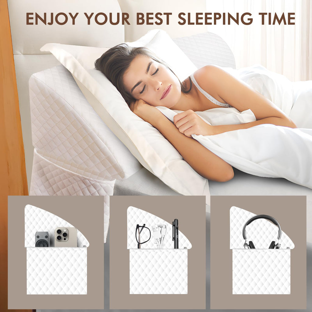 TOACSUCP Wedge Pillow Headboard, Pillow Wedge for Headboard Gap with 2 Side Large Pocket, Bed Gap Filler (0-8"), Headboard Wedge Pillow Queen Size(White, 60"x10"x6")