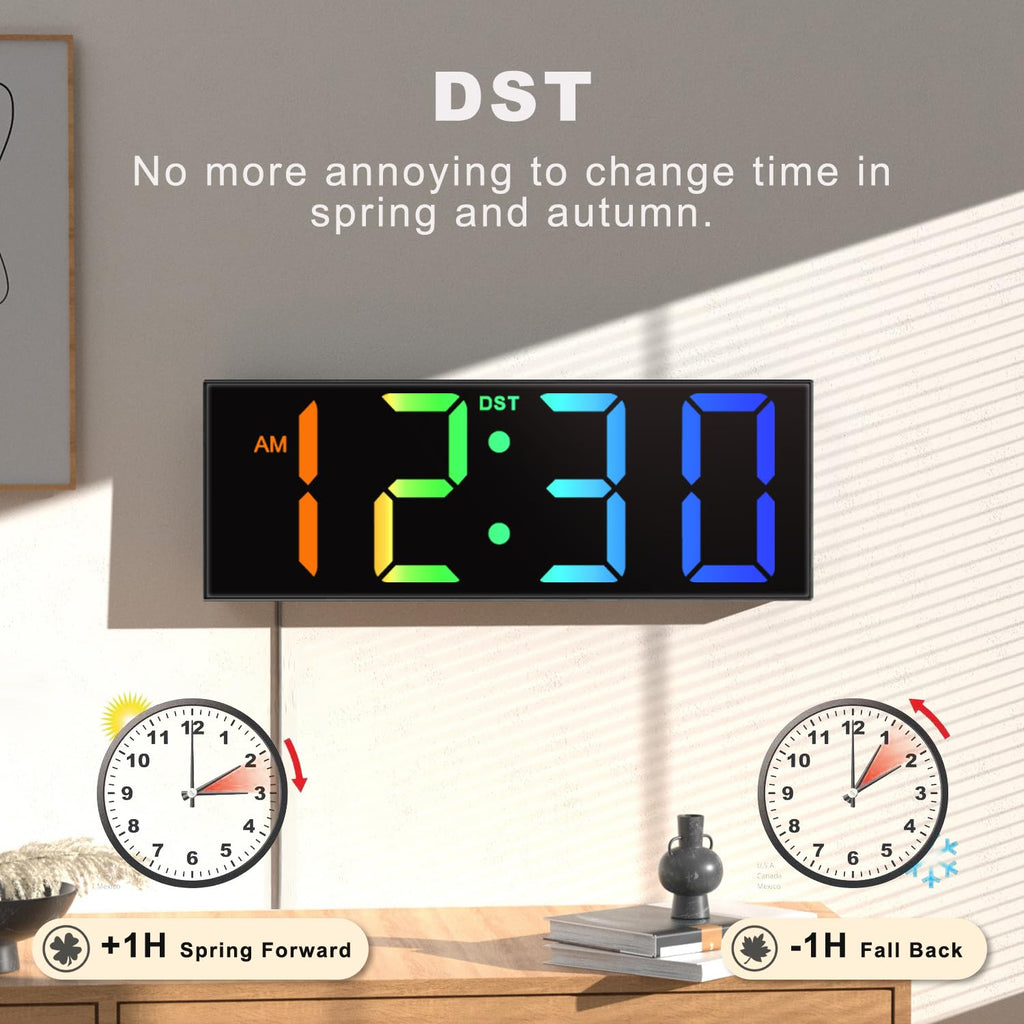 JALL 12'' Large Digital Wall Clock with Remote Control, Big LED Screen Dispaly, 8 RGB Colors, DST, Night Light for Living Room, Bedroom, Gift for Elderly (Black)