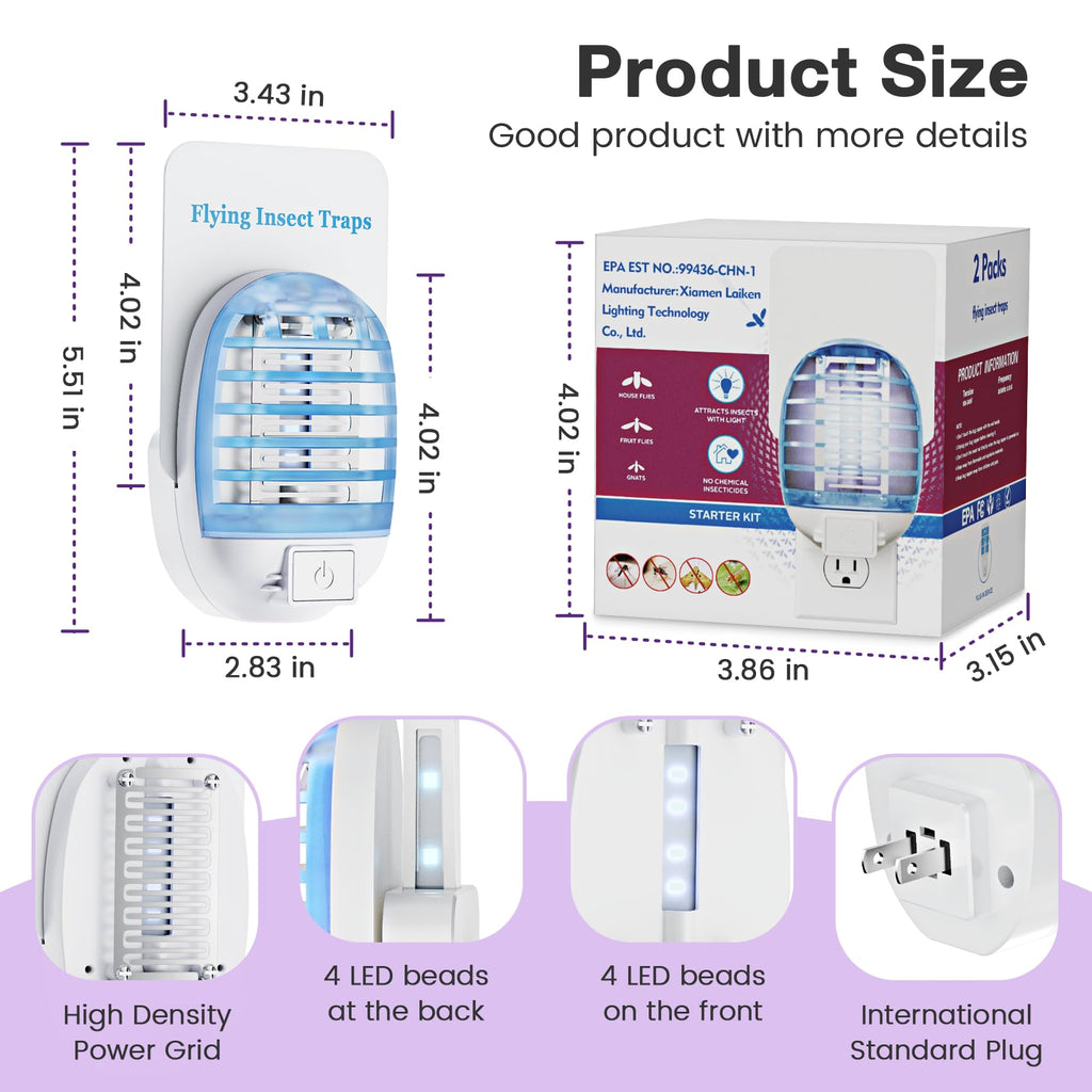 Flying Insect Trap 2 DEVICES+6 REFILLS, BUG ZAPPER+INSECT TRAP for Home,Kill Grid & Glue Dual Efficacy Mosquito Killer,Plug-in Fly Traps for Flies, Fruit Flies, Moths, Gnats, and Other