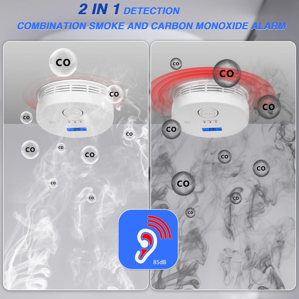 4 Packs, 2 in 1, Smoke and Carbon Monoxide Detector, Smoke Detector Carbon Monoxide Detector Combo,85db Alarm, Digital Display, with Battery, Easy to Install