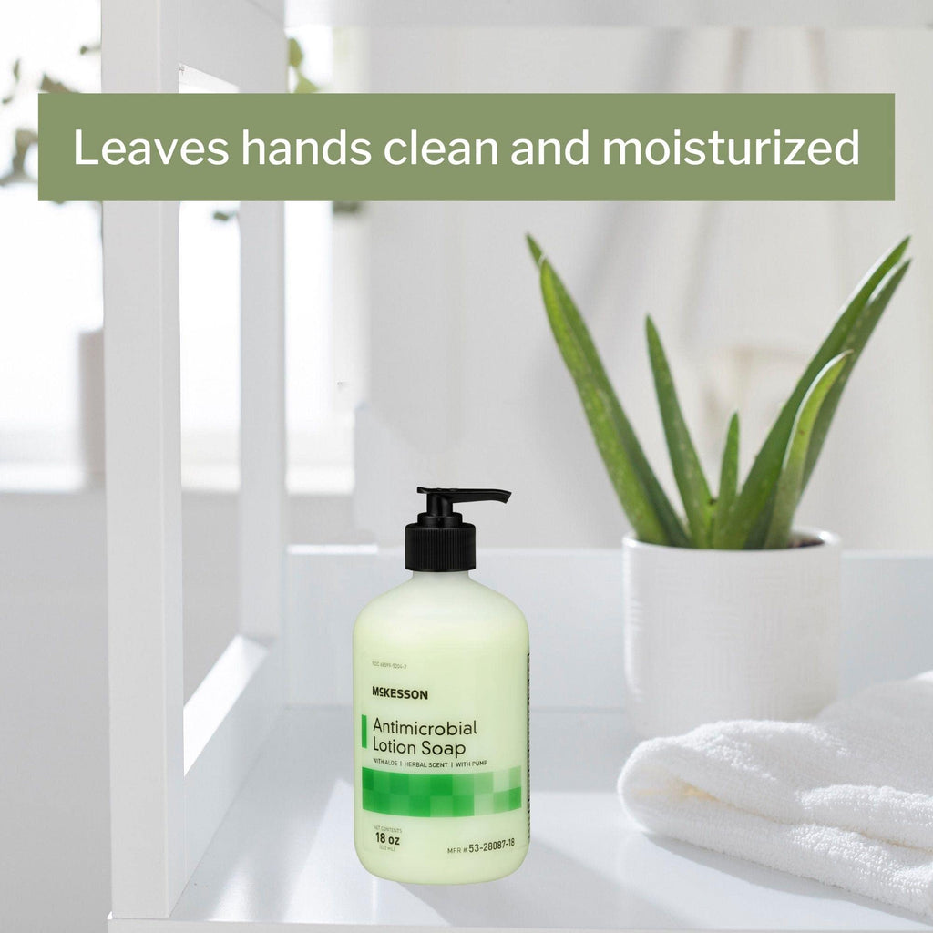 McKesson Antimicrobial Lotion Soap with Pump, Aloe, Herbal Scent, 18 oz, 12 Count