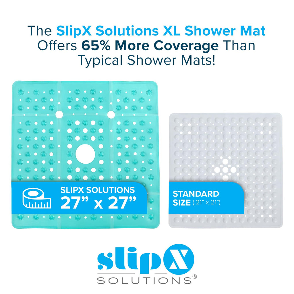 SlipX Solutions Square Shower Mat, Extra Large 27"x27", Non-Slip Stall Mat for Elderly & Kids Standing Bath Tub Mat, Machine Washable, Suction Cups, Transparent Aqua