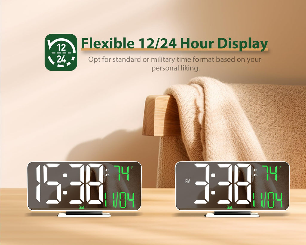 Neasroe Digital Alarm Clock, 6.7" Mirror Clocks Large Numbers LED Display for Bedrooms - Auto Dimmer, Time and Date, Room Temperature, Snooze, 12/24 Hour for Teens, Elderly, USB Powered(White)