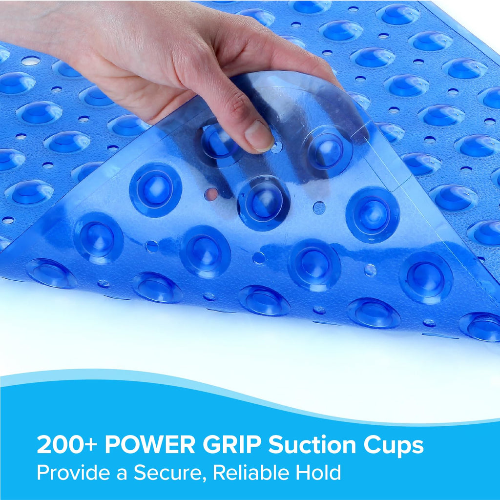 SlipX Solutions Power Grip Extra Long Bath Tub & Shower Mat 39x16, Wet Floor Non-Slip for Elderly & Kids Bathroom, 30% Longer Bathtub Mats, Over 200 Suction Cups, Drain Holes (1, Blue)