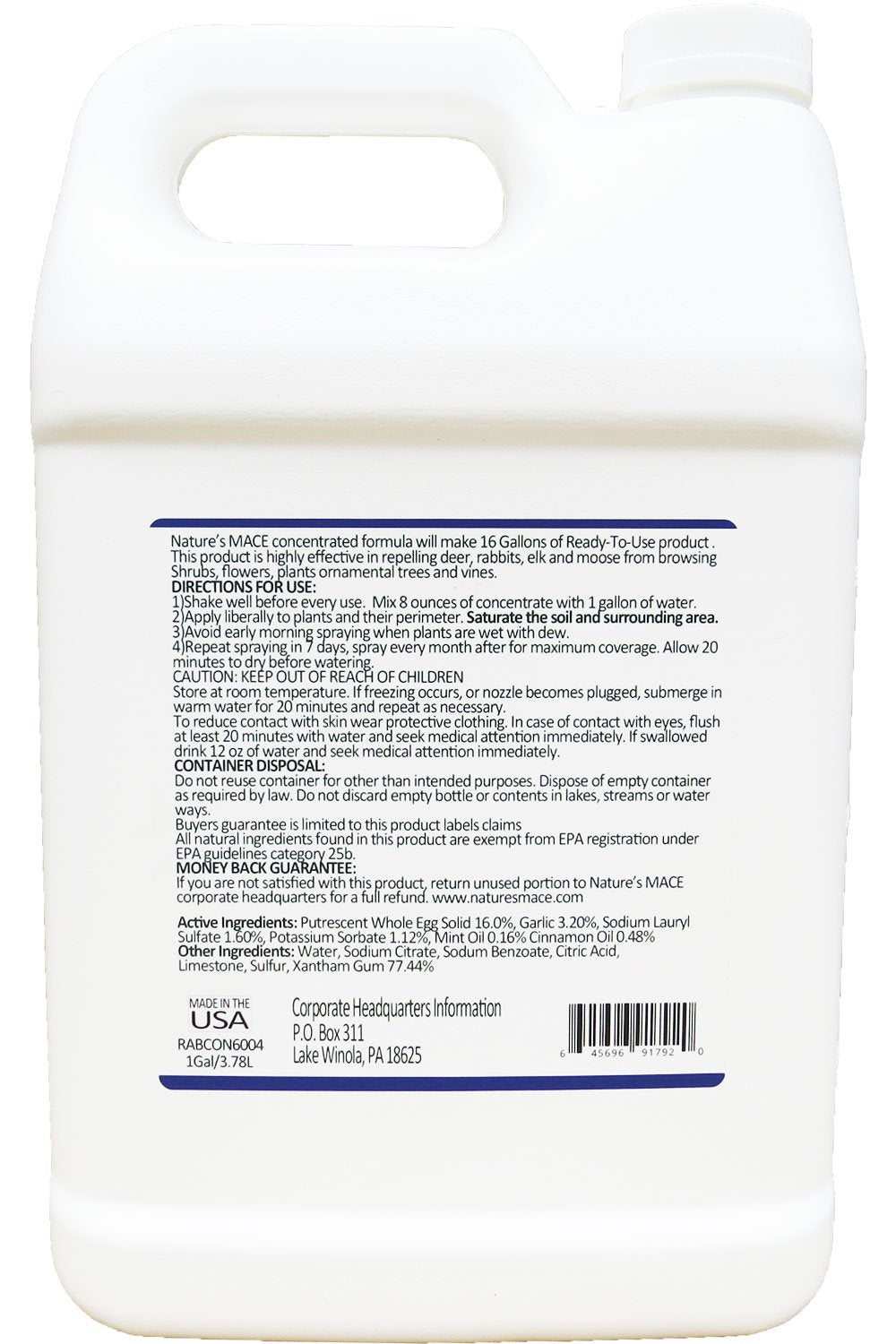 Nature’s MACE Rabbit Repellent 1 Gal Concentrate/Covers 2 Acers/Rabbit Repellent and Deterrent/Keep Rabbits Out of Your Lawn and Garden/Safe to use Around Children & Plants