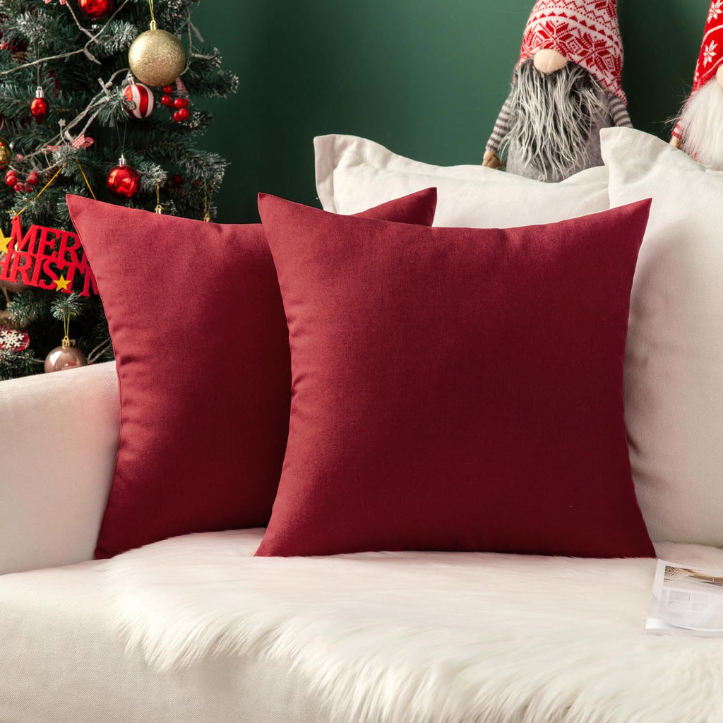 MIULEE Pack of 2 Christmas Decorative Outdoor Solid Waterproof Throw Pillow Covers Polyester Linen Garden Farmhouse Cushion Cases for Patio Tent Balcony Couch Sofa 18x18 inch Wine Red
