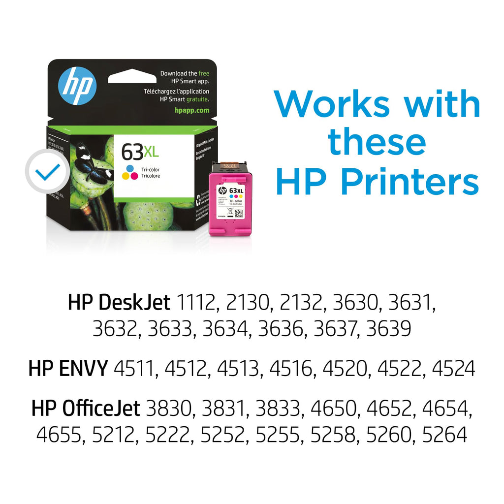 HP 63XL Tri-color High-yield Ink | Works with HP DeskJet 1112, 2130, 3630 Series; HP ENVY 4510, 4520 Series; HP OfficeJet 3830, 4650, 5200 Series | Eligible for Instant Ink | F6U63AN