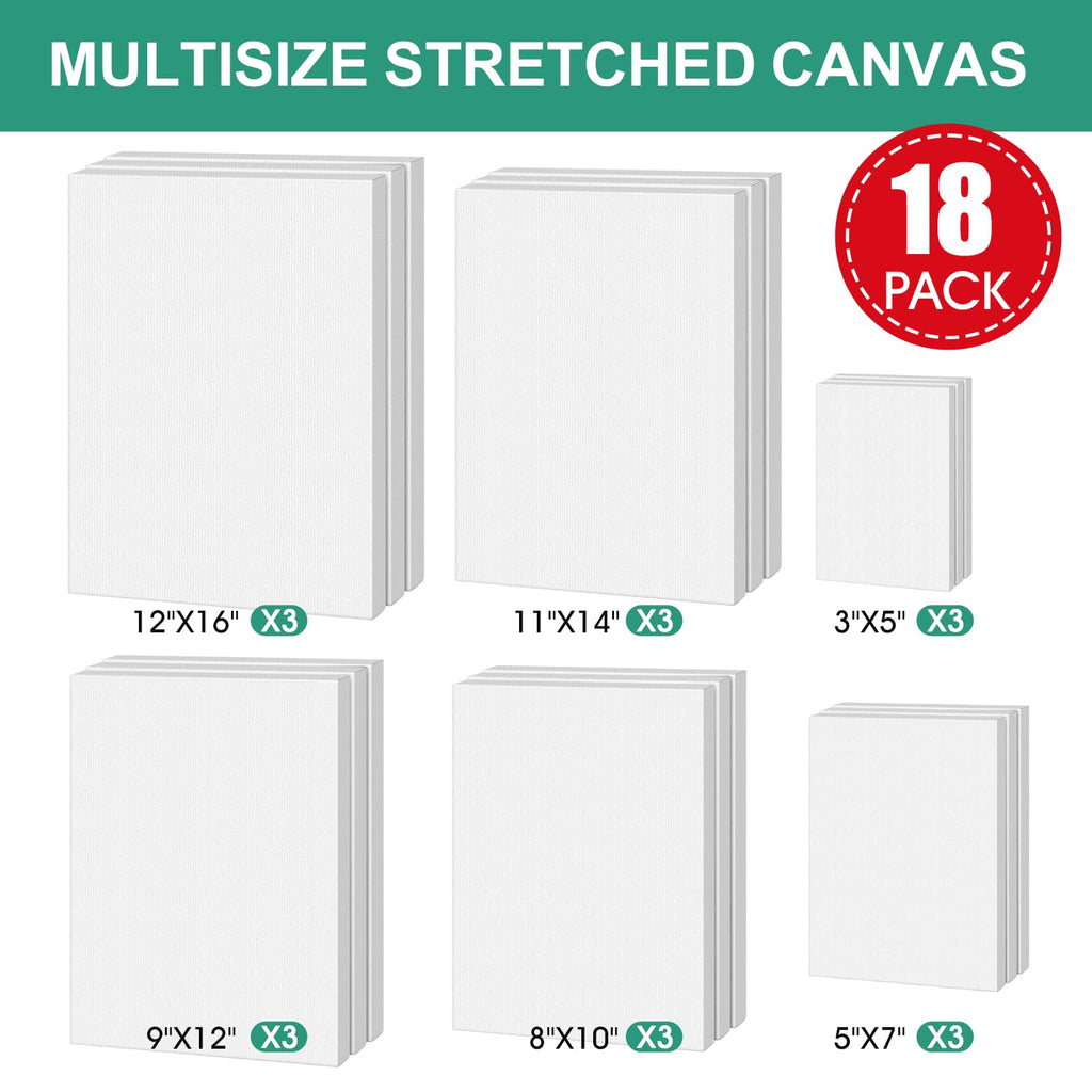 ESRICH Stretched Canvas for Painting,18 Multi Pack Blank Canvases for Painting 12x16, 11x14, 9x12, 8x10, 5x7, 3x5, Cotton Primed Painting Canvas for Oil, Acrylic Paint, for Beginners, Artists.