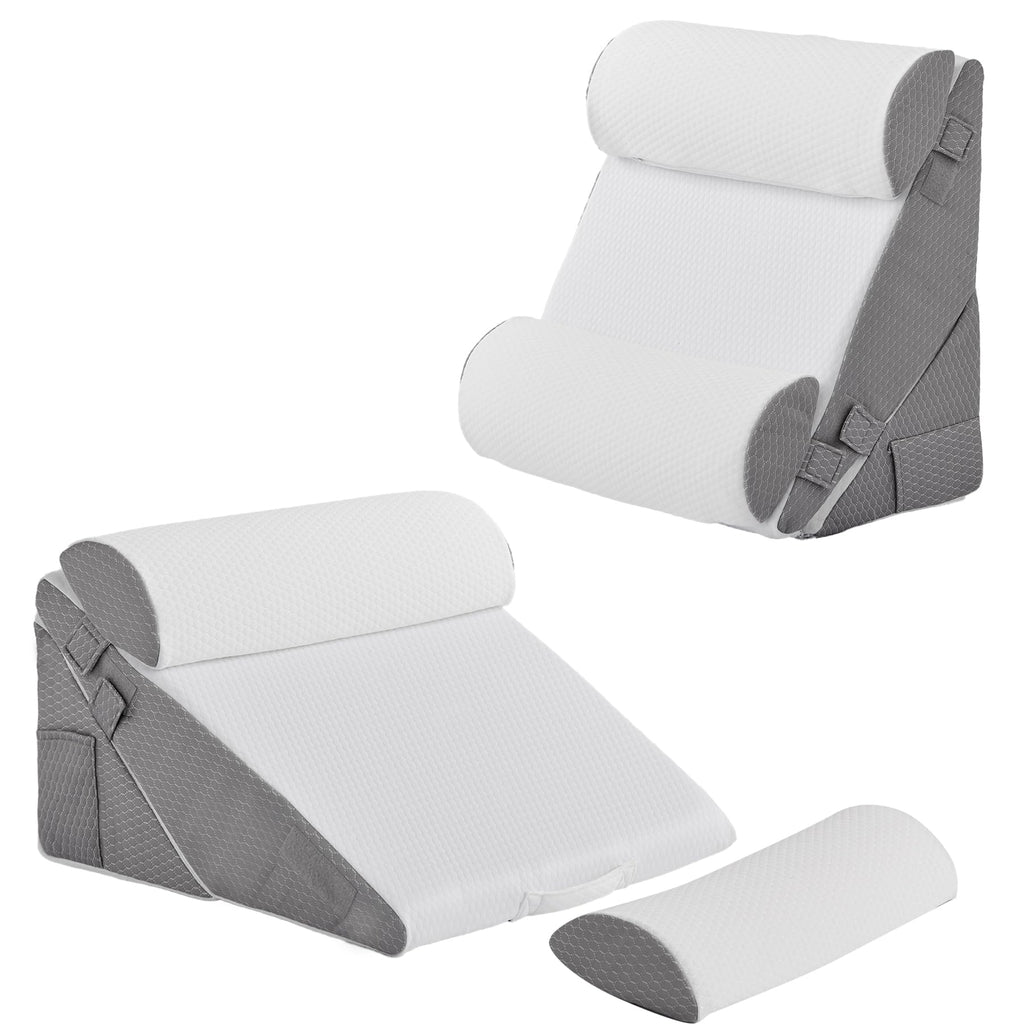 Bedluxe Adjustable 4pcs Bed Wedge Pillow Set, Memory Foam Wedge Pillows Post Surgery for Back, Neck, Leg Pain Relief, Pillow Wedge for Sleeping, Sitting up in Bed, Acid Reflux and GERD, White/Grey