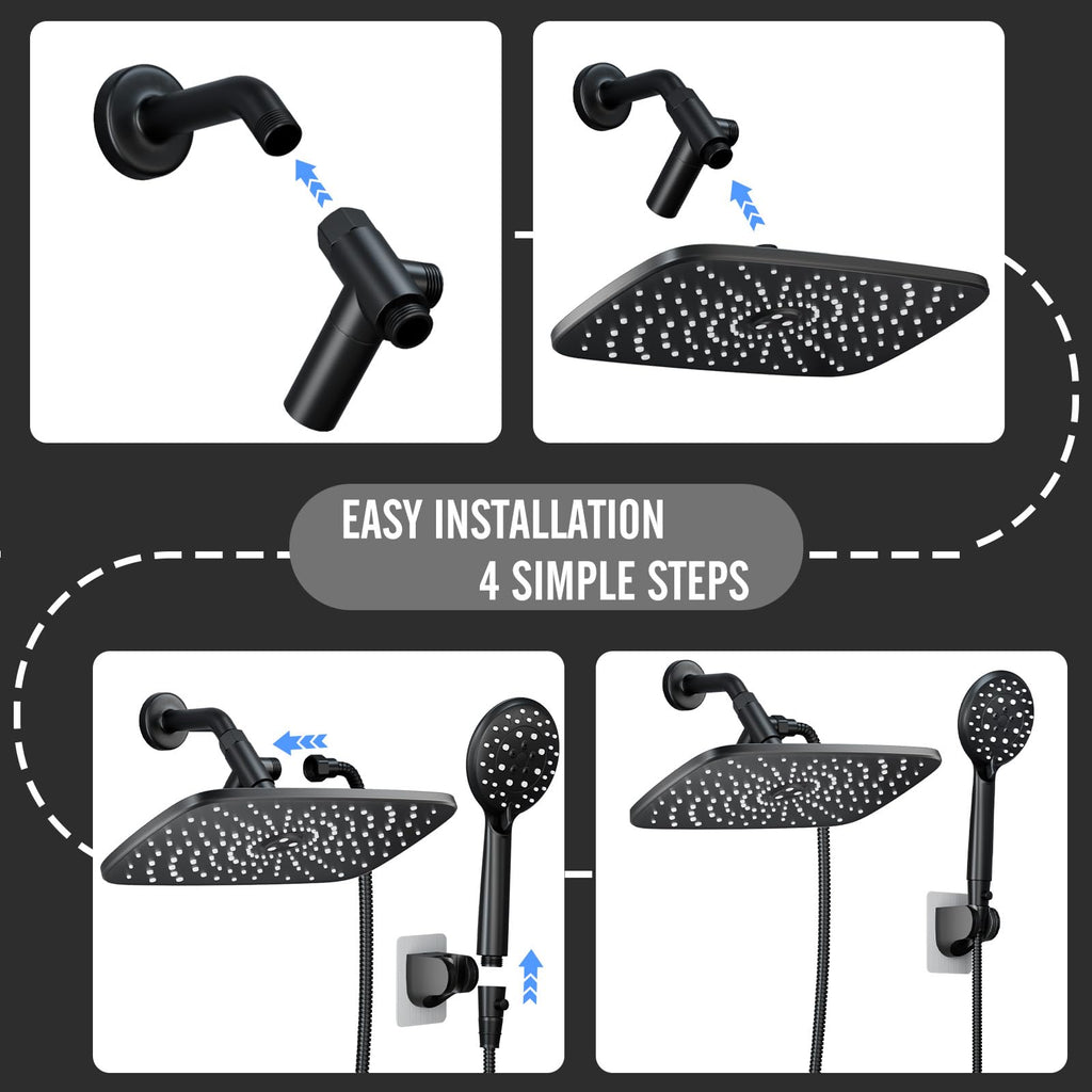 Veken 11.8 Inch Rain Shower Head with Handheld- High Pressure Dual Shower Heads with 5 Modes Hand held Spray Combo- Wide Rainfall Showerhead with Hose, Bathroom Accessories, Matte Black